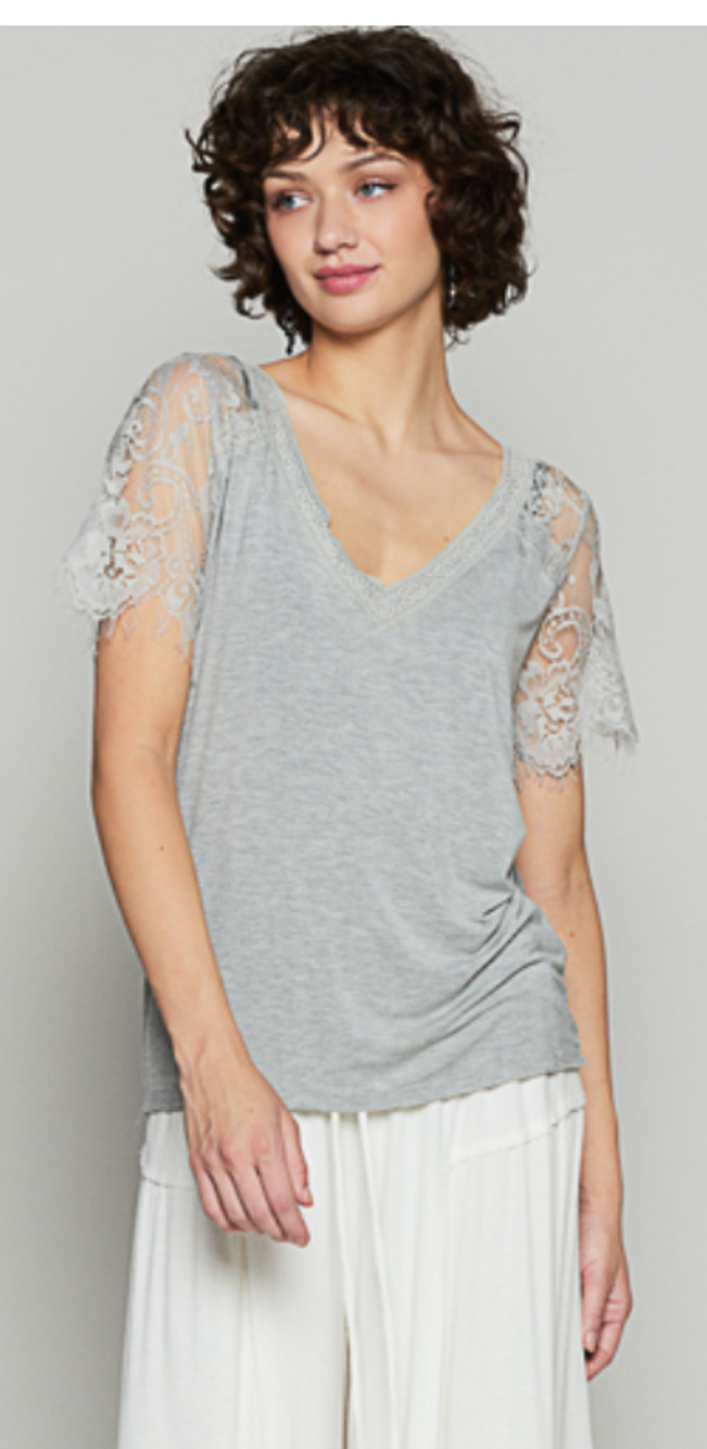 POL - Top with Lace Sleeves - L - Heather Grey RCT794